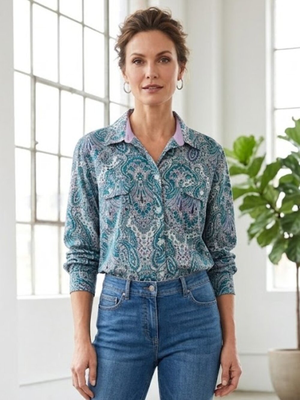 Talbots Size XL Blue Purple Paisley Button Down Shirt Long Sleeve Whimsy Western